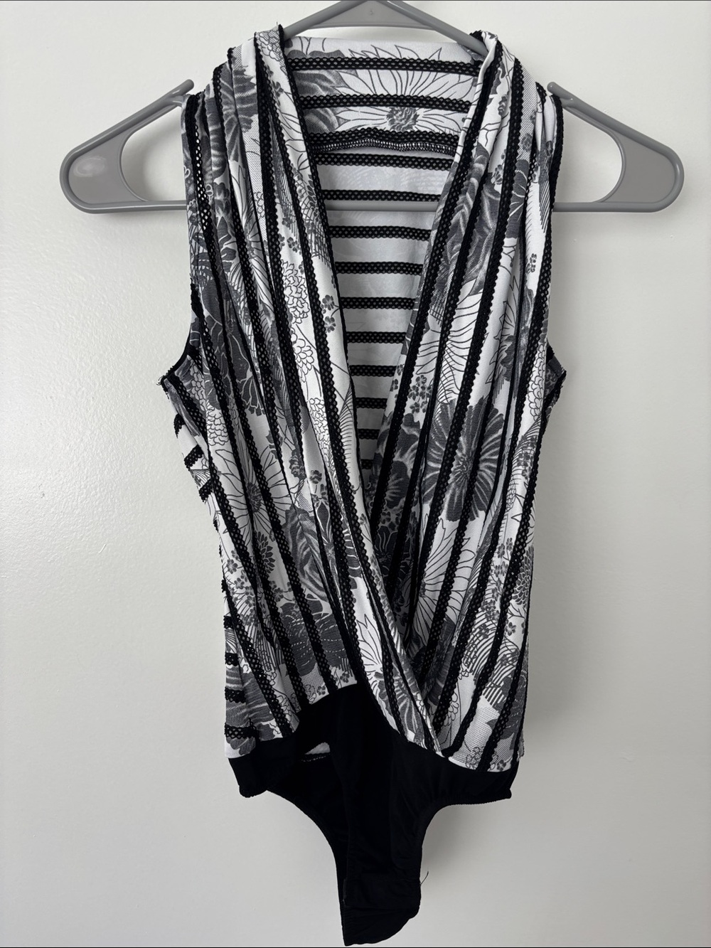 Draped V-Neck Black & White Floral Stripe Bodysuit